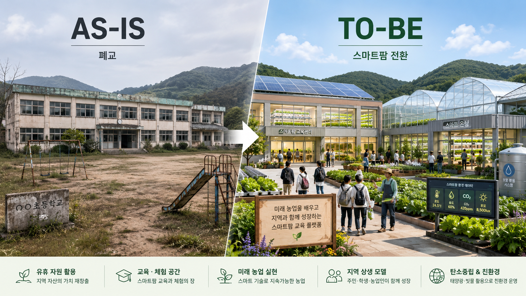 폐교에서 스마트팜으로 전환되는 AS-IS TO-BE 비교 이미지